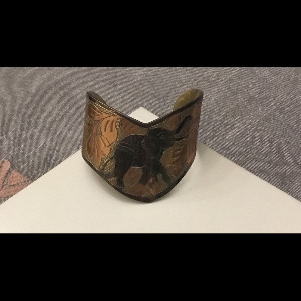 Tri Tone Elephant Cuff Chevron Bangle Bracelet